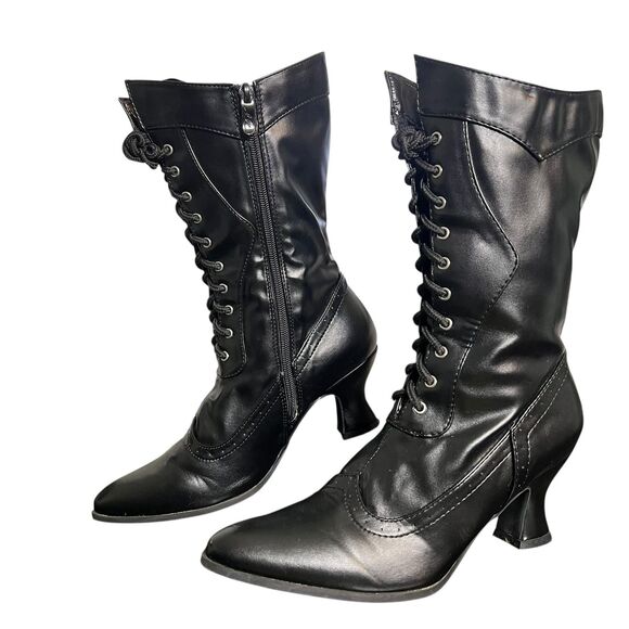 Ellie Victorian Lace Up Boots Womens Size 8 Black Side Zip Spool Heel Steampunk - Picture 3 of 14